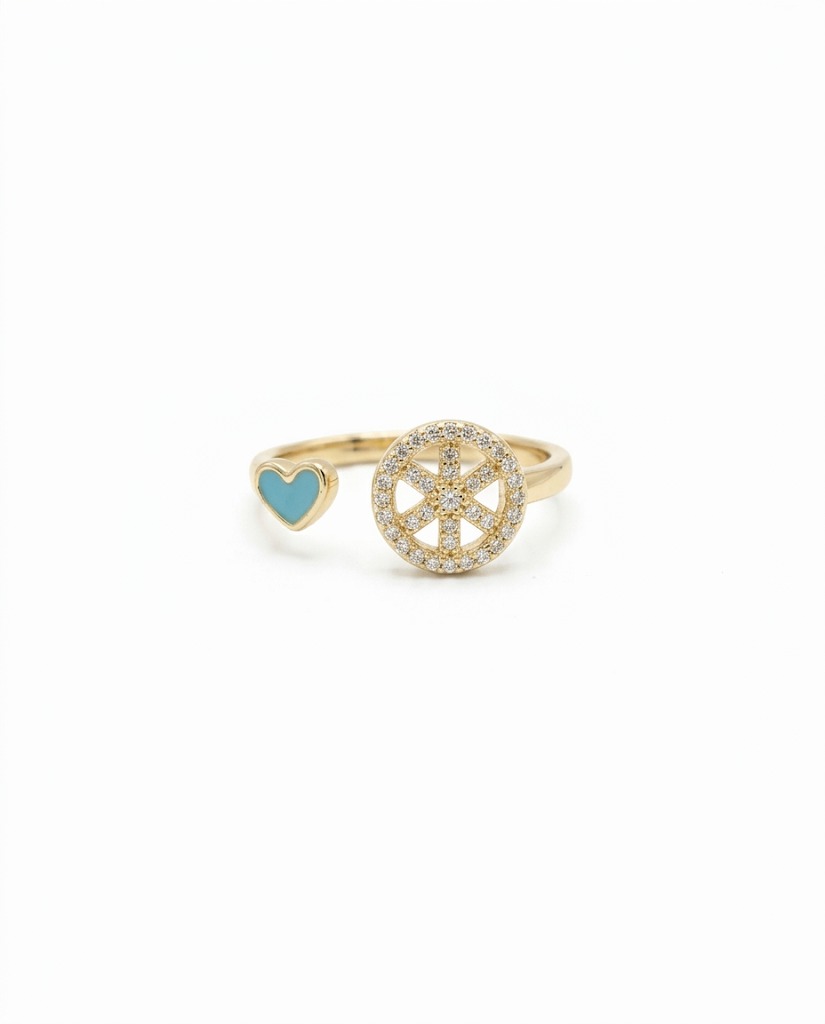 Turquoise Heart Pave Wheel Open Ring